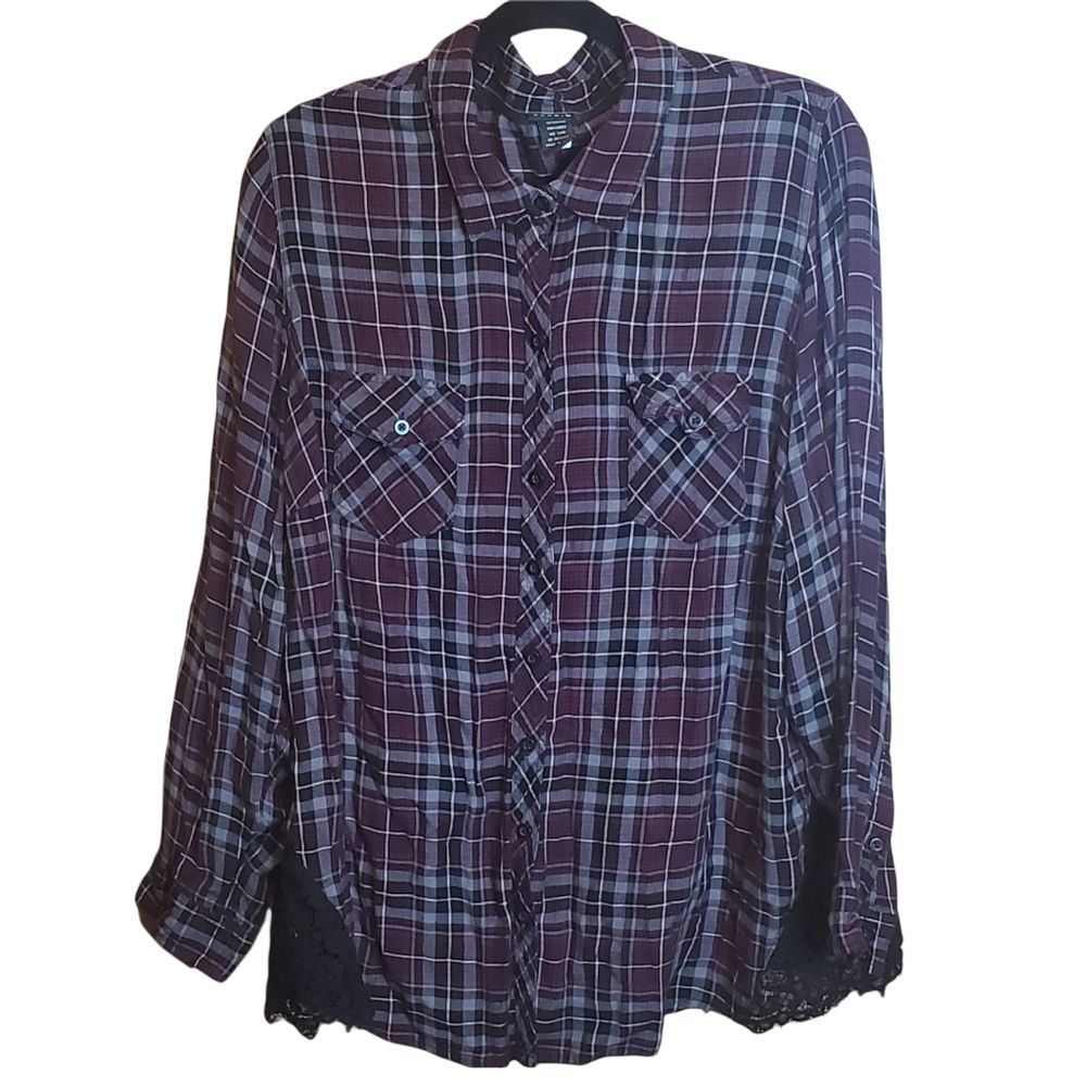 Torrid Women's Purple Plaid Flannel Button Down with Black Lace Insets Size 3